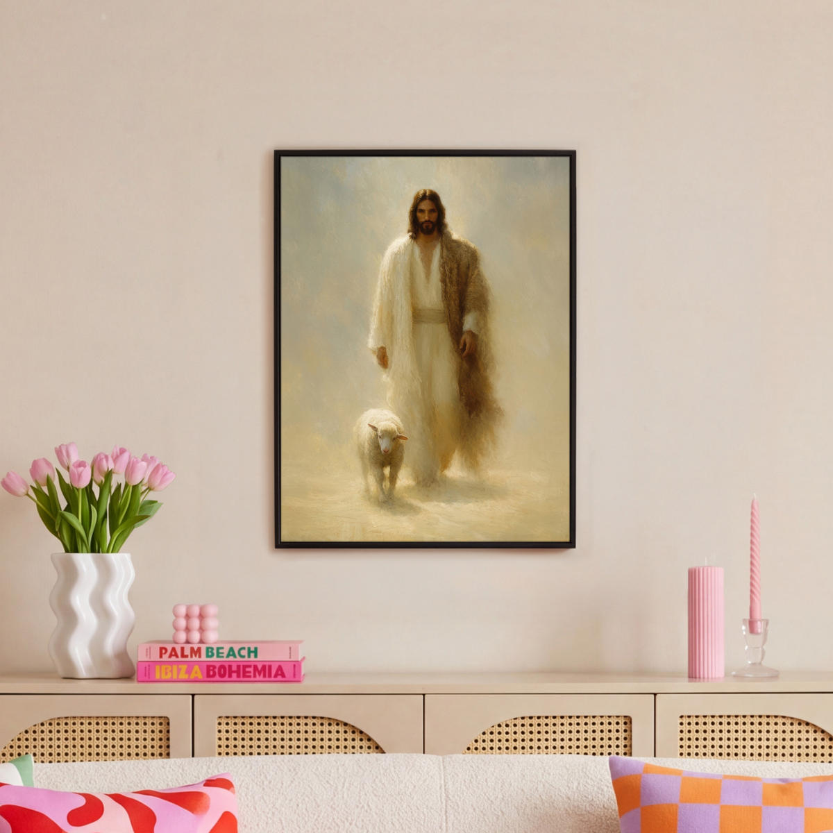LEINWAND Bilder mit Rahmen - Schaf - Jesus - Pinselstriche - Abstrakt - 60x80 - Beige, Textil (60/80cm) - MuchoWow