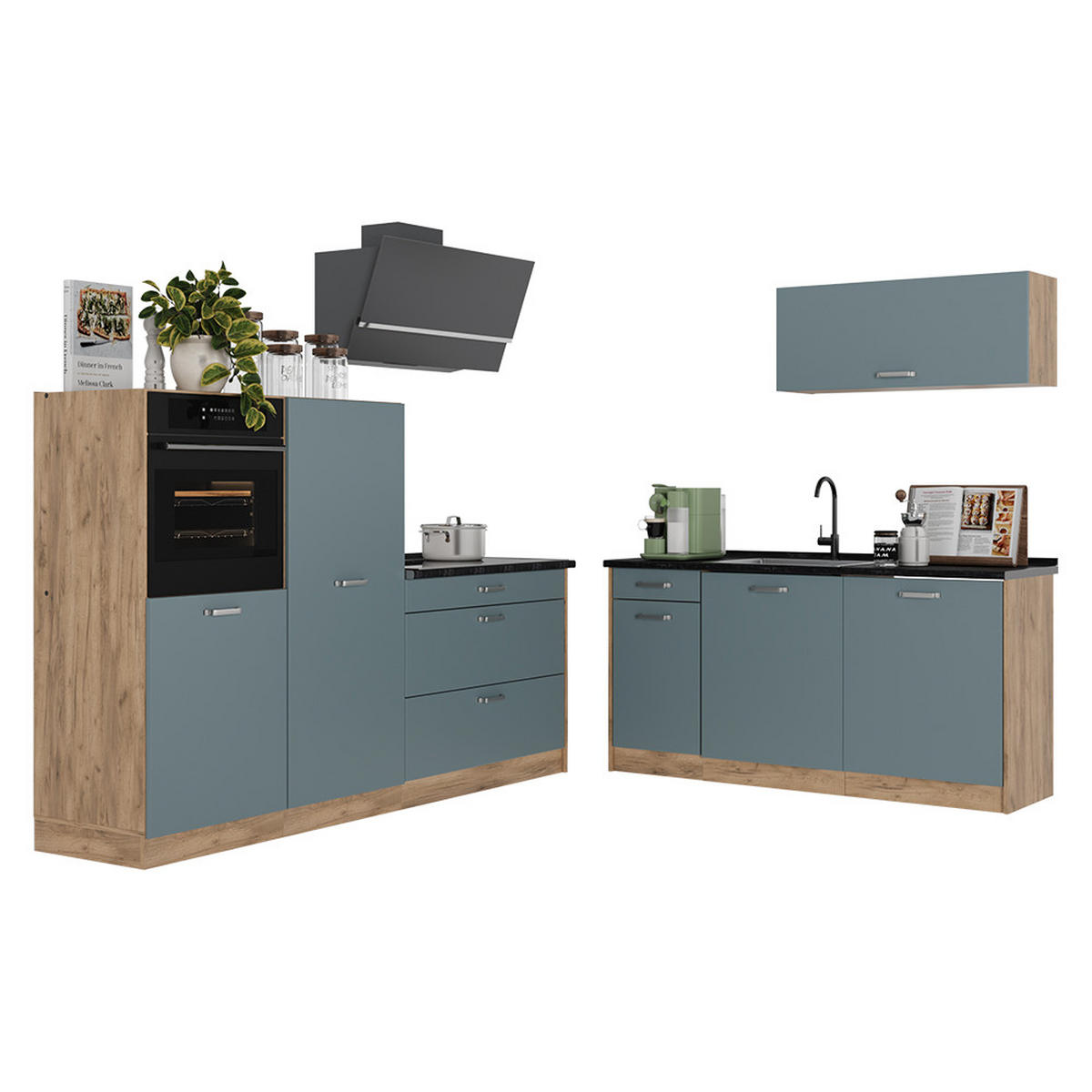KÜCHENZEILE R-Line, Blau-Grau/Goldkraft Eiche, 220 cm ohne Arbeitsplatte - Eichefarben/Blaugrau, Holzwerkstoff (220/143/46cm) - Vicco