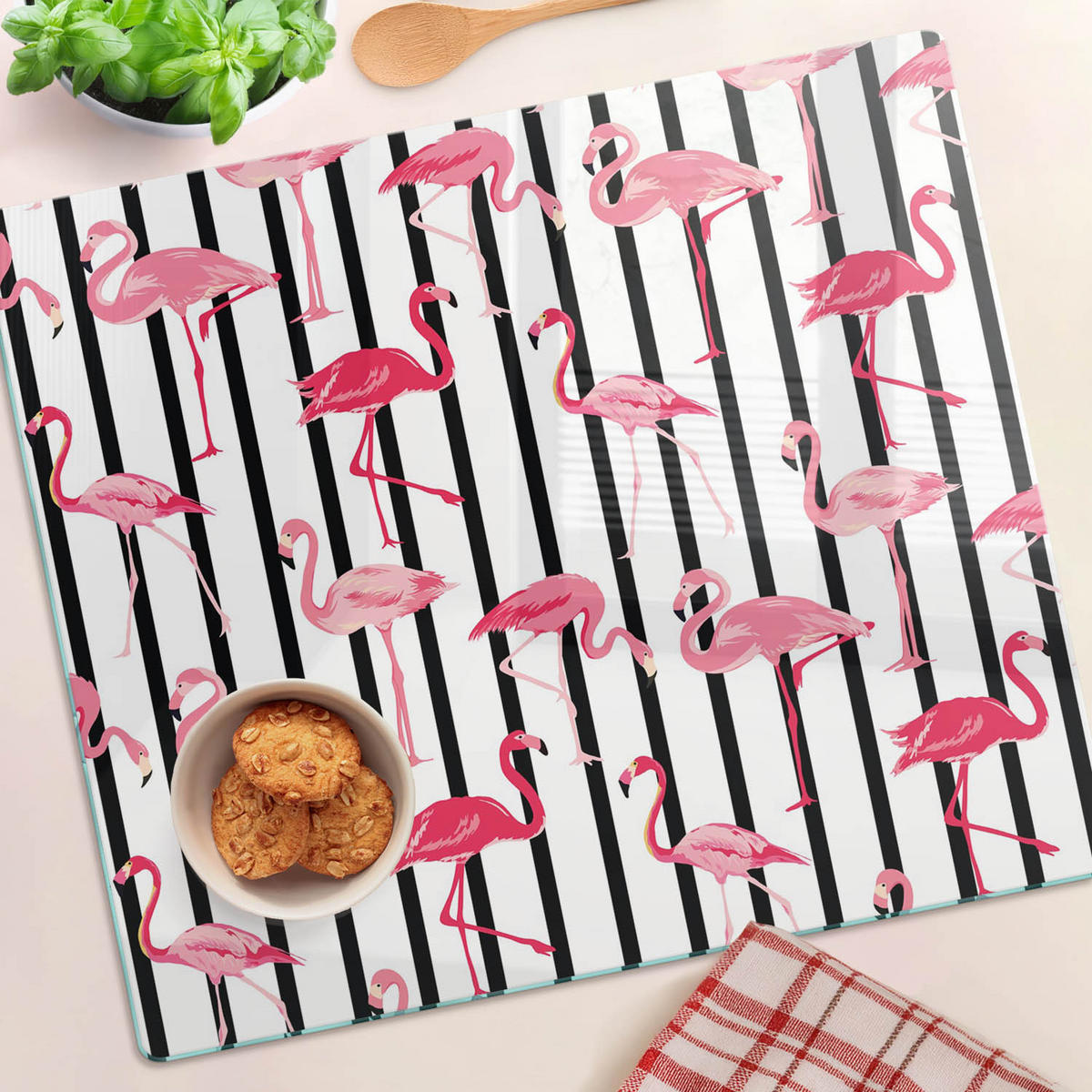 GLASPLATTE 60x52 cm Flamingo-Streifen - Braun/Hellgrün, Glas (60/0.4/52cm) - TULUP