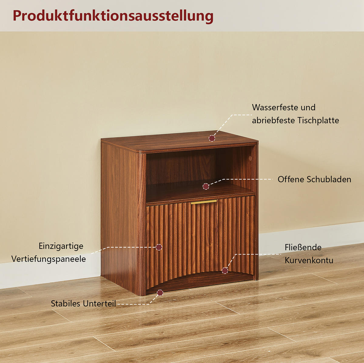 NACHTTISCH 58/38/60 cm in Nussbaumfarben mit Rillendesign und Schublade - Walnussfarben, Holzwerkstoff (58/60/38cm) - Flora Grace