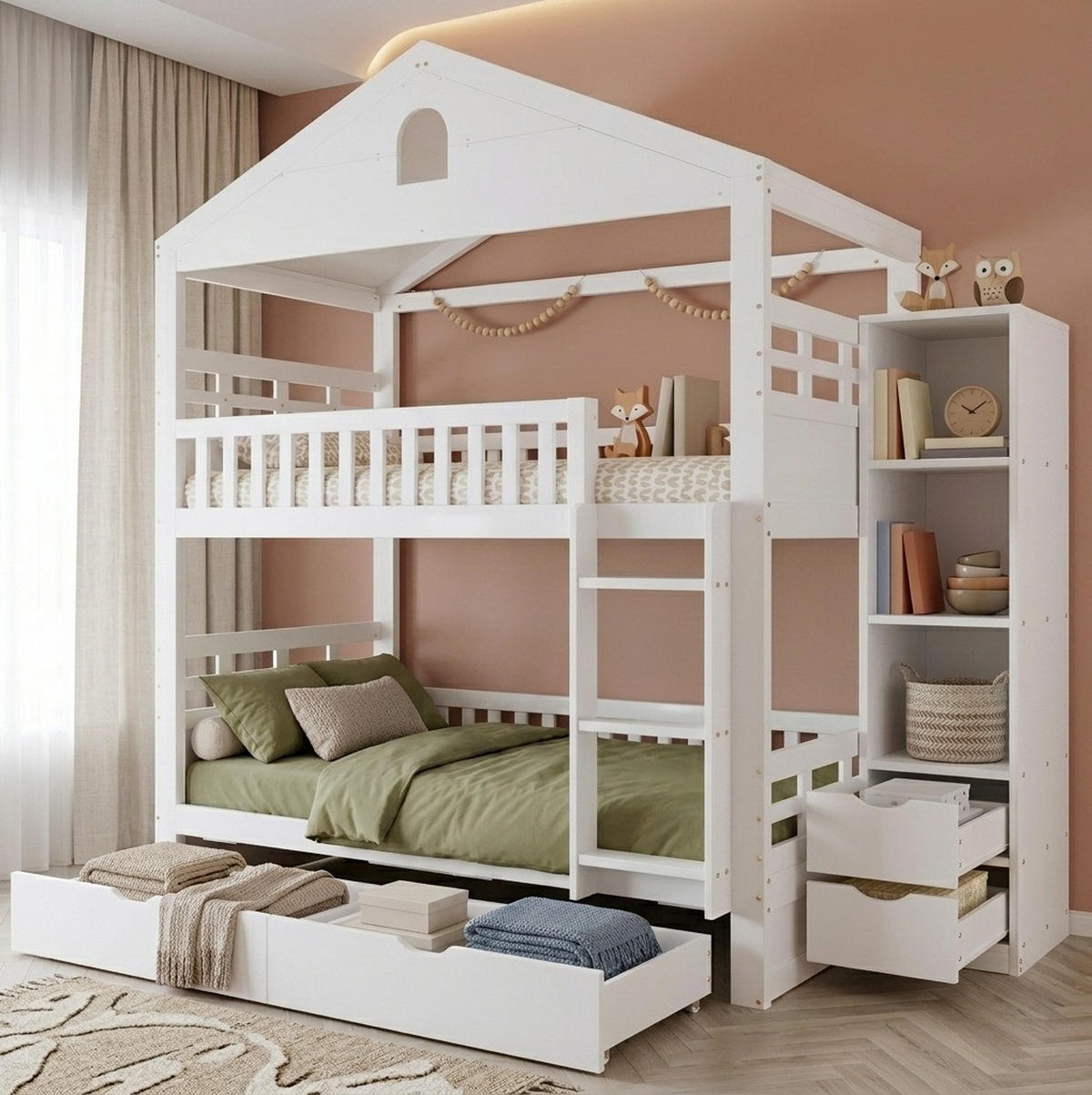 ETAGENBETT aus Kiefernholz 90x200 cm Weiß mit Hausdesign, 2 Schubladen und seitlichem Stauraum - Weiß, Holz (90/200cm) - Modfu
