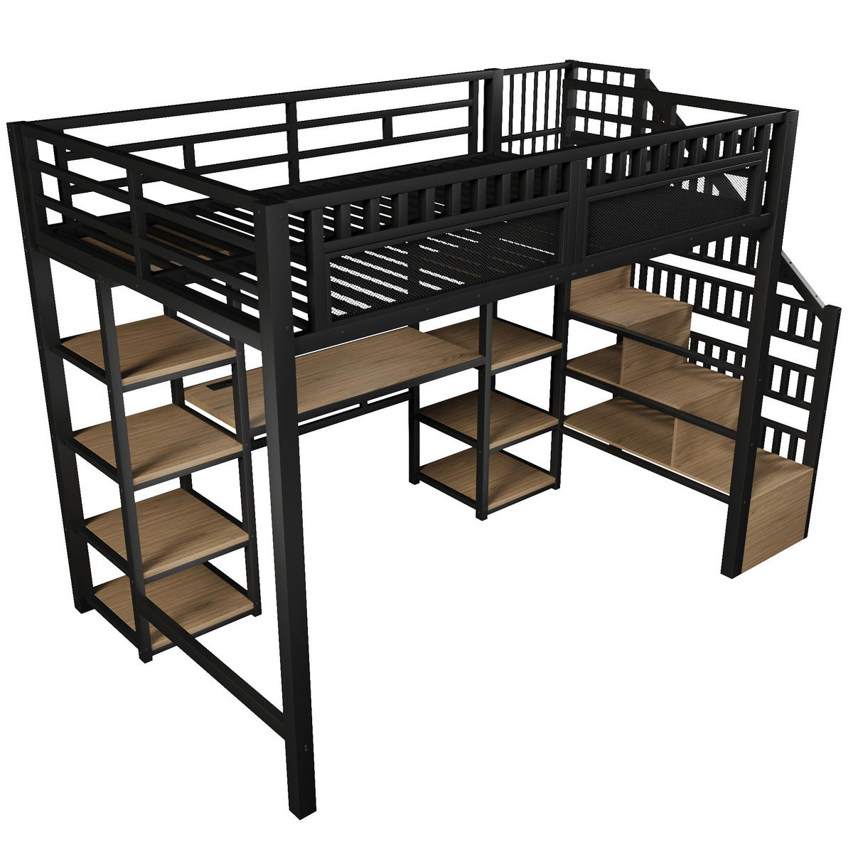 HOCHBETT mit Schreibtisch 140/200 cm in Schwarz – mit Stauraumleiter und LED - Schwarz, Metall (140/200cm) - BEAOK