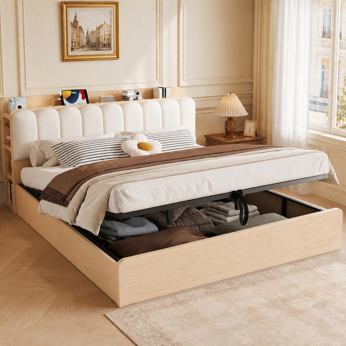 BETT 180/200 cm aus Holz mit Stauraum und USB-Anschluss, Naturholz - Naturfarben, Holz (180/200cm) - OKMYHOME