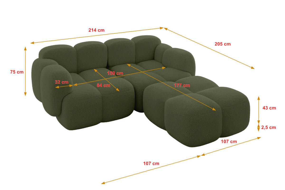 ECKSOFA modulares Sofa Rechts Miko-L1 214x205x75 Grün Bouclé - Smaragdgrün/Schwarz, Holzwerkstoff/Kunststoff (214/205cm) - ALTDECOR