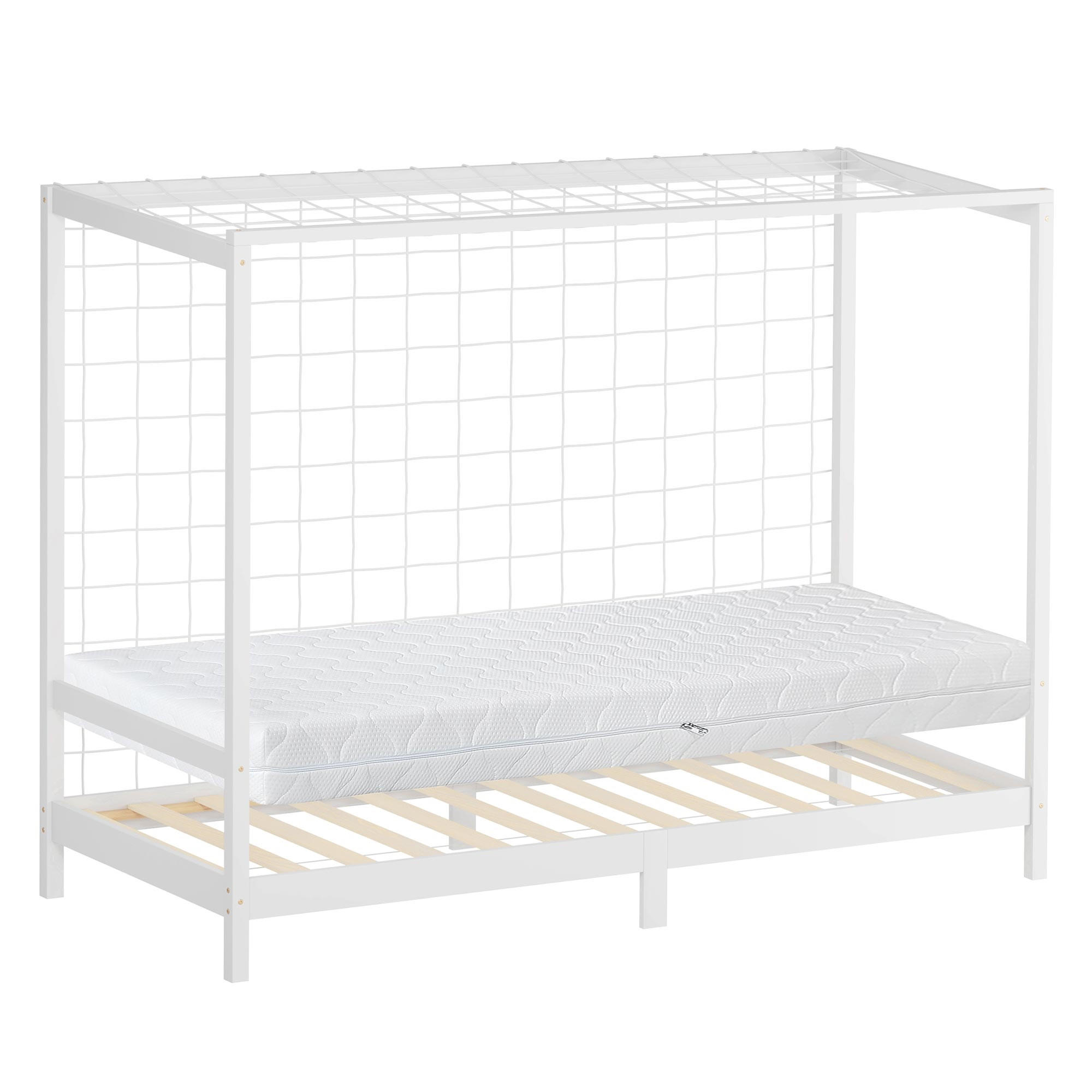 ML-DESIGN DĚTSKÁ POSTEL ve tvaru fotbalové brány s matrací 90 x 200 cm, bílá