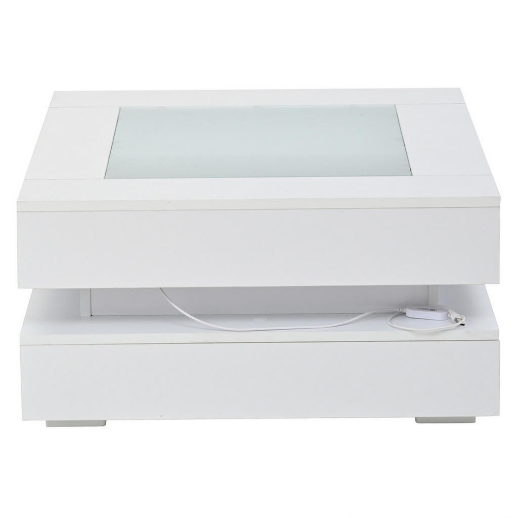 OKWISH KONFERENČNÍ stolek 70/70/35 cm bílý ze skla a dřevotřísky s LED osvětlením a 3 zásuvkami