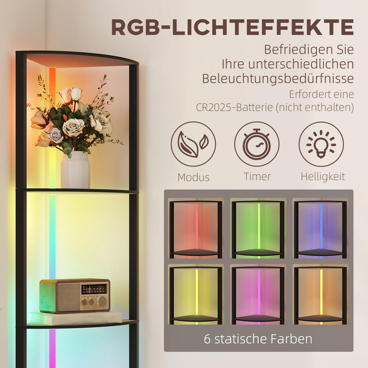 LED Stehlampe 5-stufige dimmbar Stehleuchte mit Regal, RGB Farbwechsel - Schwarz, Holzwerkstoff (42/29.5/163cm) - HOMCOM