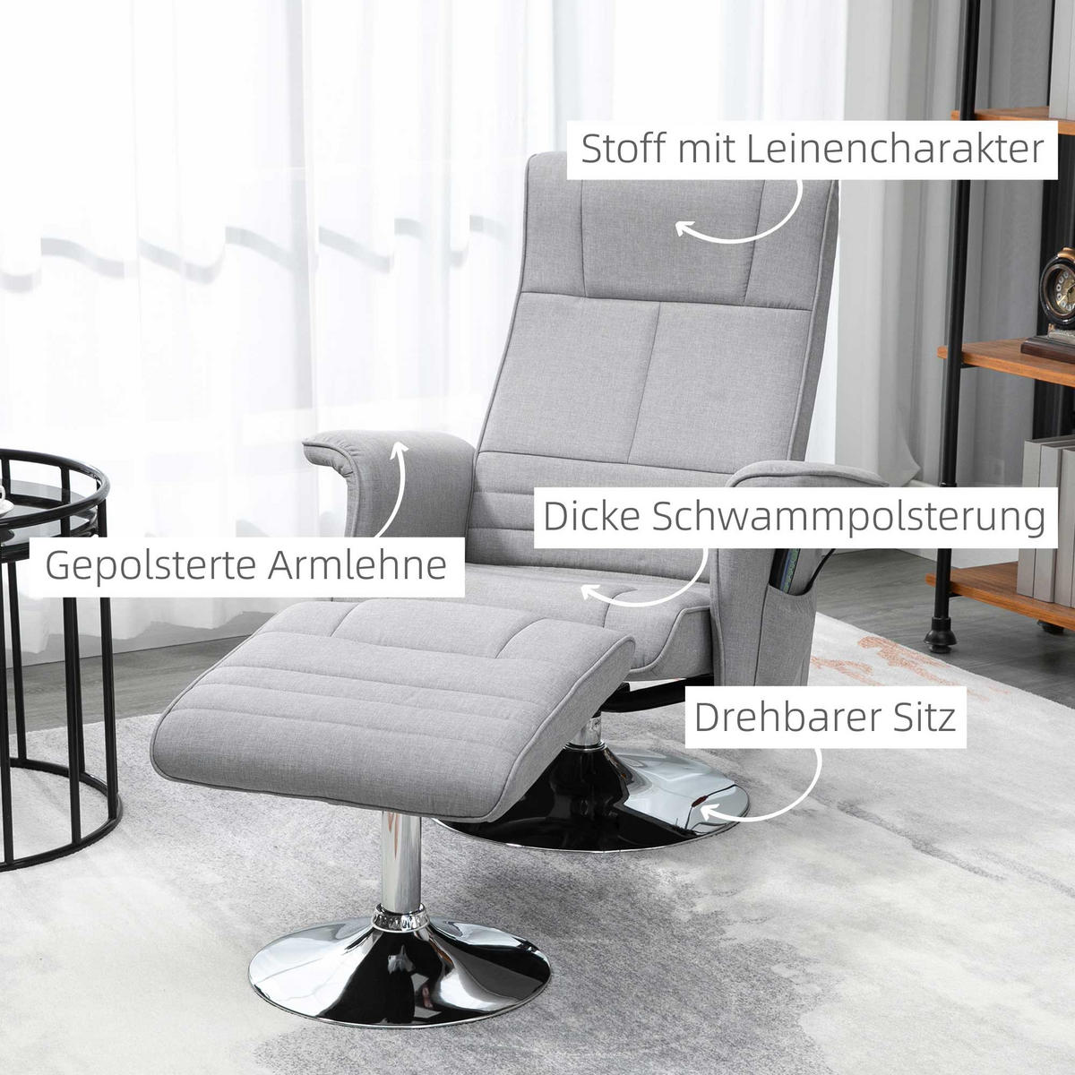 MASSAGESESSEL mit Fußhocker, Elektrischer Relaxsessel mit Liegefunktion Stahl - Chromfarben/Hellgrau, Textil/Metall (95/88/78cm) - HOMCOM