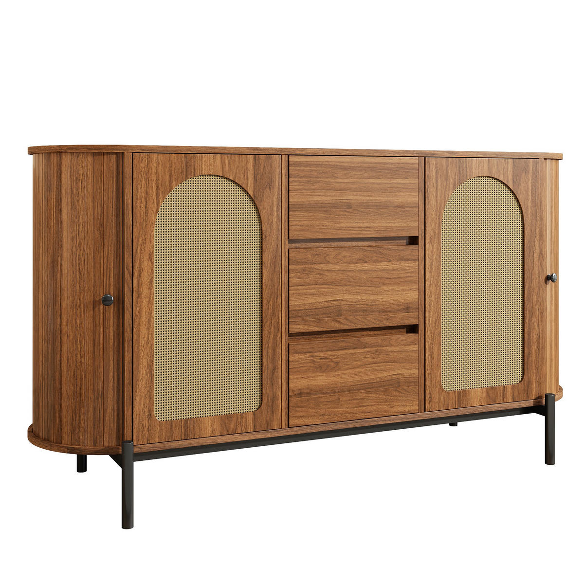 SIDEBOARD in Holzoptik mit Rattan, ovale Form und verstellbaren Fächern - Walnussfarben, Holzwerkstoff (140/77.5/38cm) - Urban Meuble