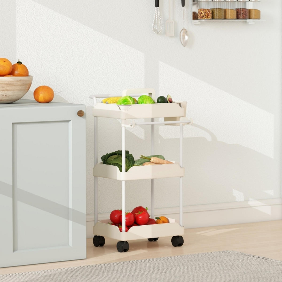 KÜCHENWAGEN MIT 3 KÖRBEN,Rollwagen Mit Handtuchhalter, 42,5/76/42 cm - Weiß, Holzwerkstoff (42/76/42.5cm) - Rolipo