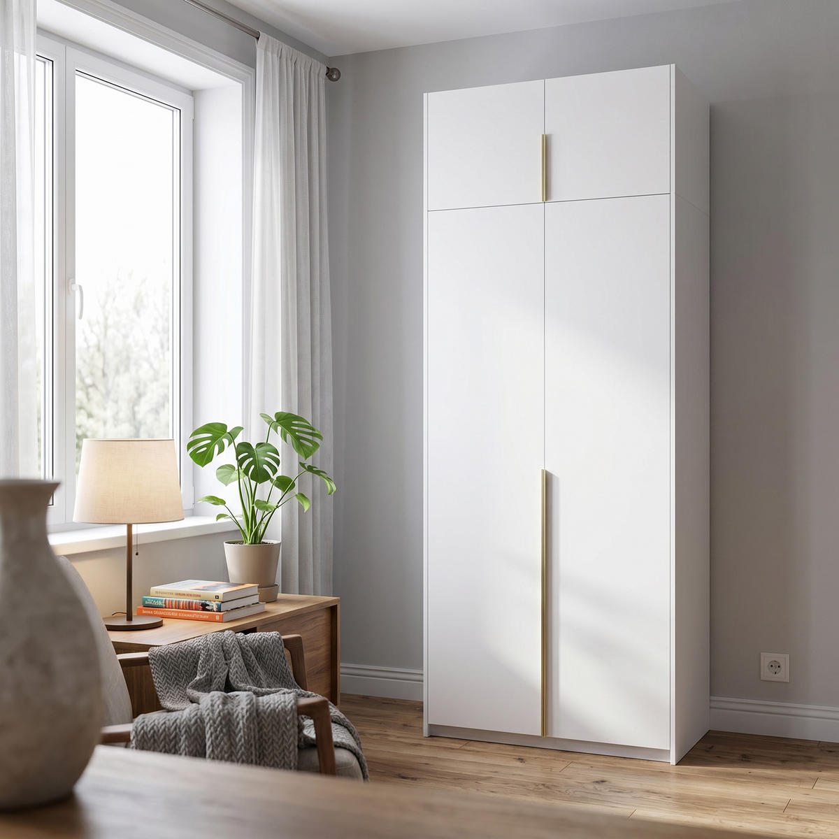 DREHTÜRENSCHRANK AMARA 100/250/58cm 2-türig Weiß - Goldfarben/Weiß, Holzwerkstoff (100/250/58cm) - MASSENO