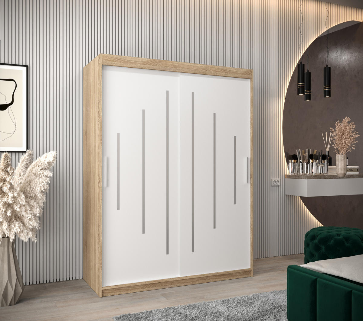 SCHWEBETÜRENSCHRANK 200/150/62 2-türig - Silberfarben/Weiß, Holz/Kunststoff (150/200/62cm) - Abiks Möbel