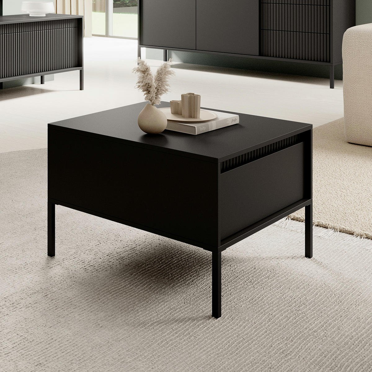 COUCHTISCH SELBU STO1 Reliefierte Fronten aus MDF-Platte Schwarz Schwarz - Schwarz, Holzwerkstoff (68/68/49cm) - Komodee