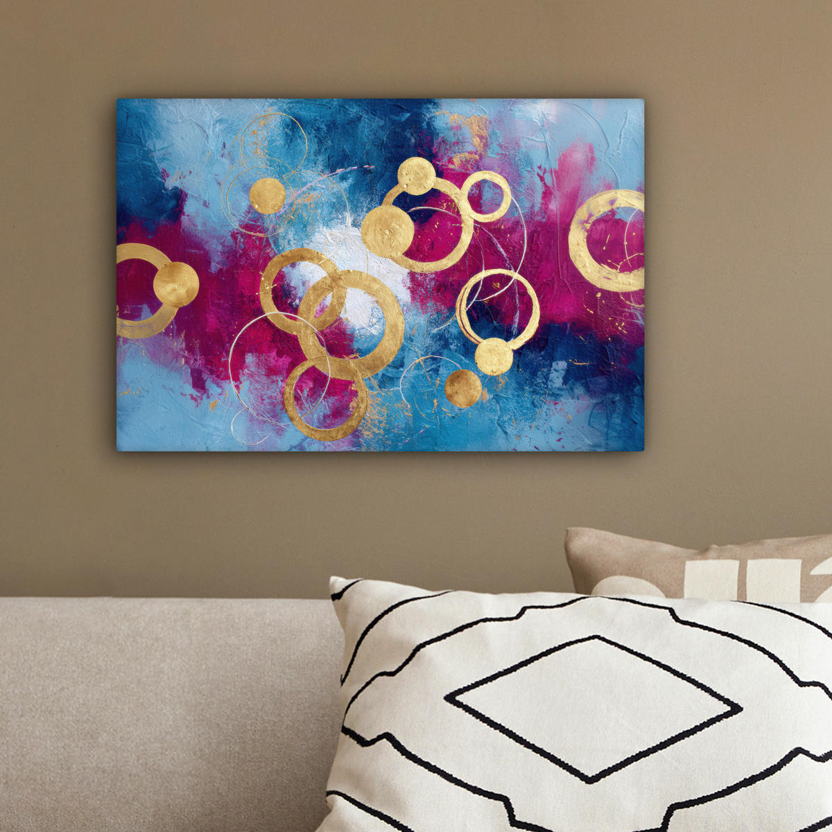 LEINWANDBILD Kreise - Gold - Abstrakt Deko Schlafzimmer 30x20 cm - Blau, Textil (30/20cm) - MuchoWow