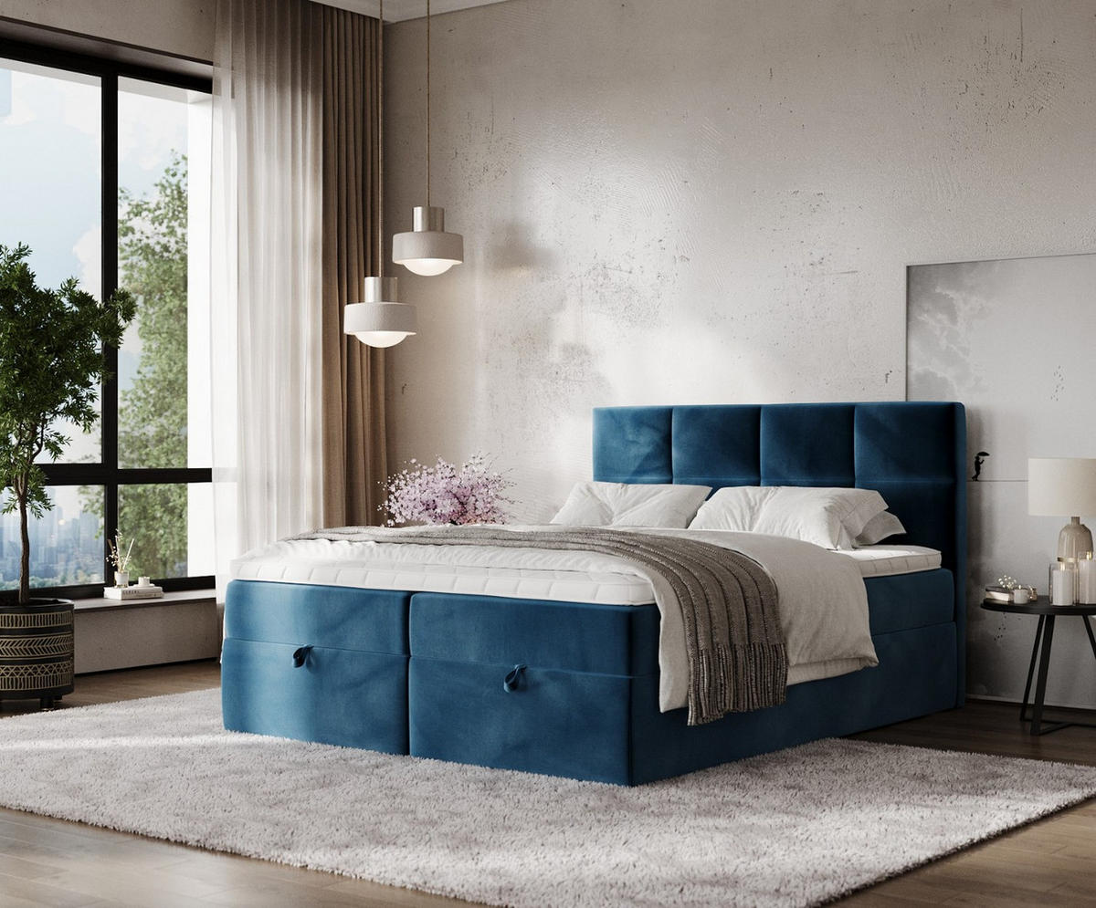 BOXBETT Velto 200/200 cm Dunkelblau im Kronos Stoff - Schwarz/Dunkelblau, Holz/Holzwerkstoff (200/200cm) - AltaBeds