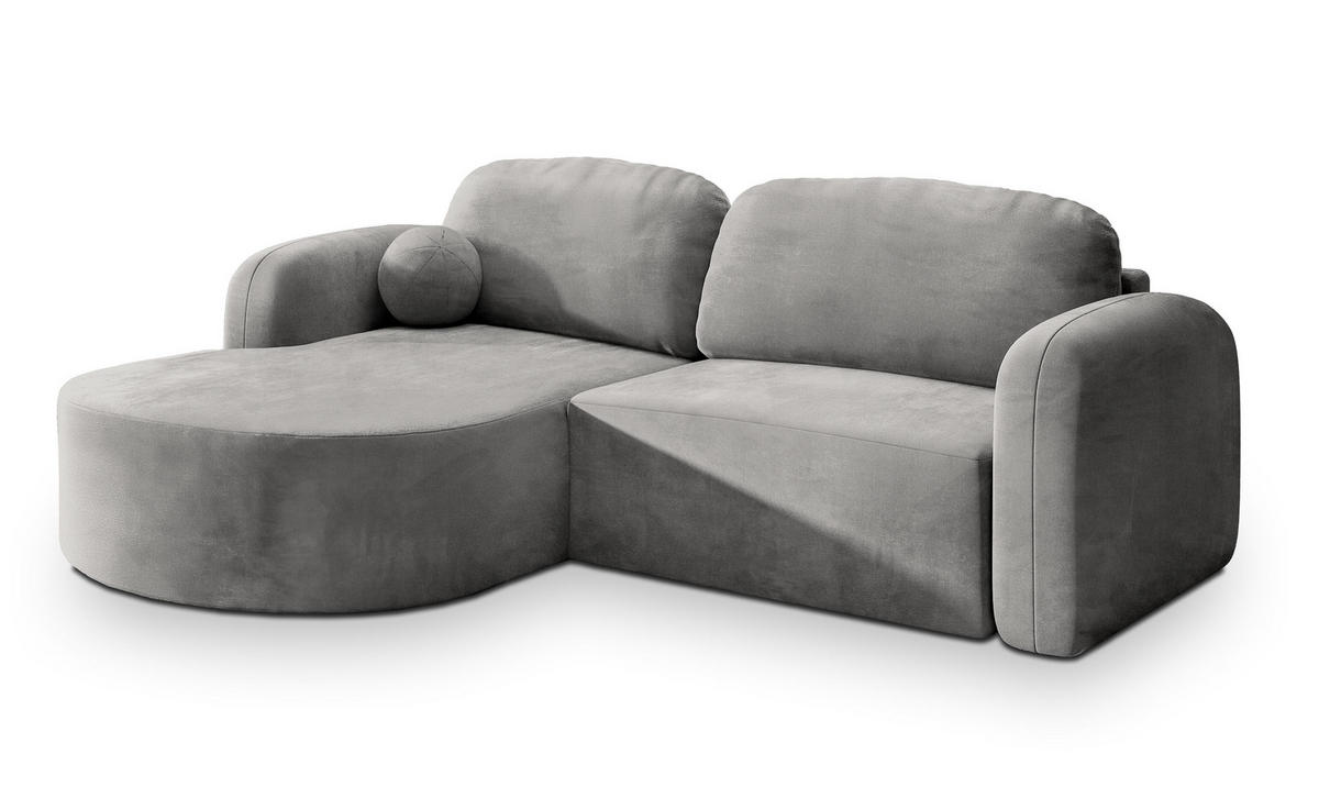 ECKSOFA AMILIA M L-S Hellgrau Velours-Stoff mit Schlaffunktion - Hellgrau, Holz (263/174cm) - MASSENO