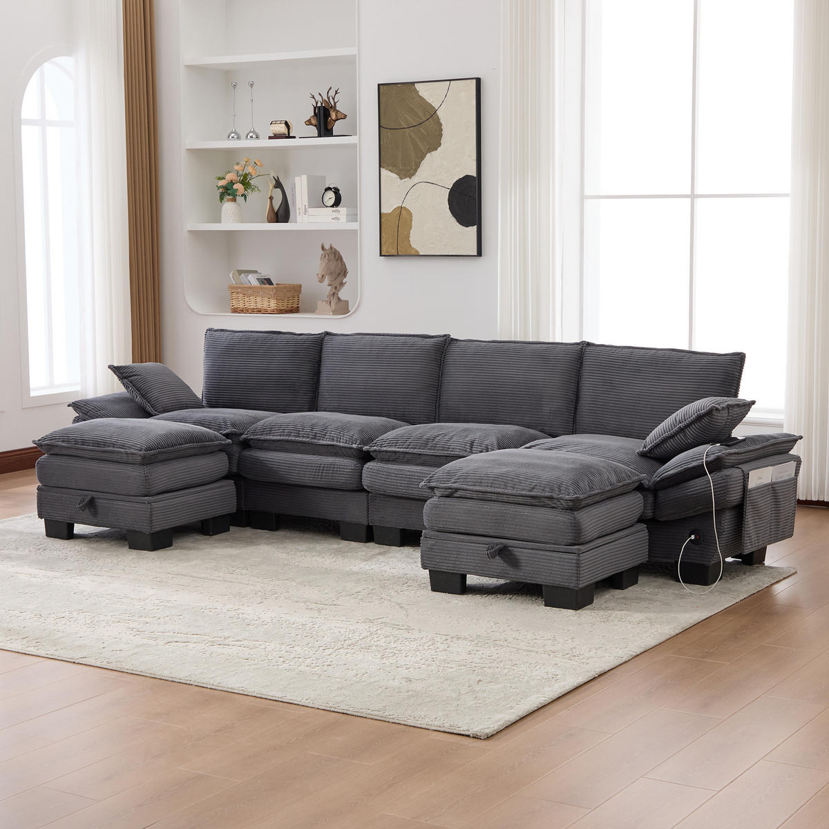 WOHNLANDSCHAFT Cord Dunkelgrau mit 2 Hockern, USB-C und Seitentaschen - Dunkelgrau, Holzwerkstoff/Kunststoff (330/84/132cm) - WISHDOR