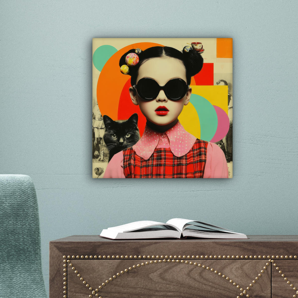 LEINWANDBILD Mädchen - Sonnenbrille - Katze - Retro Deko Wohnzimmer 20x20 cm - Beige, Textil (20/20cm) - MuchoWow