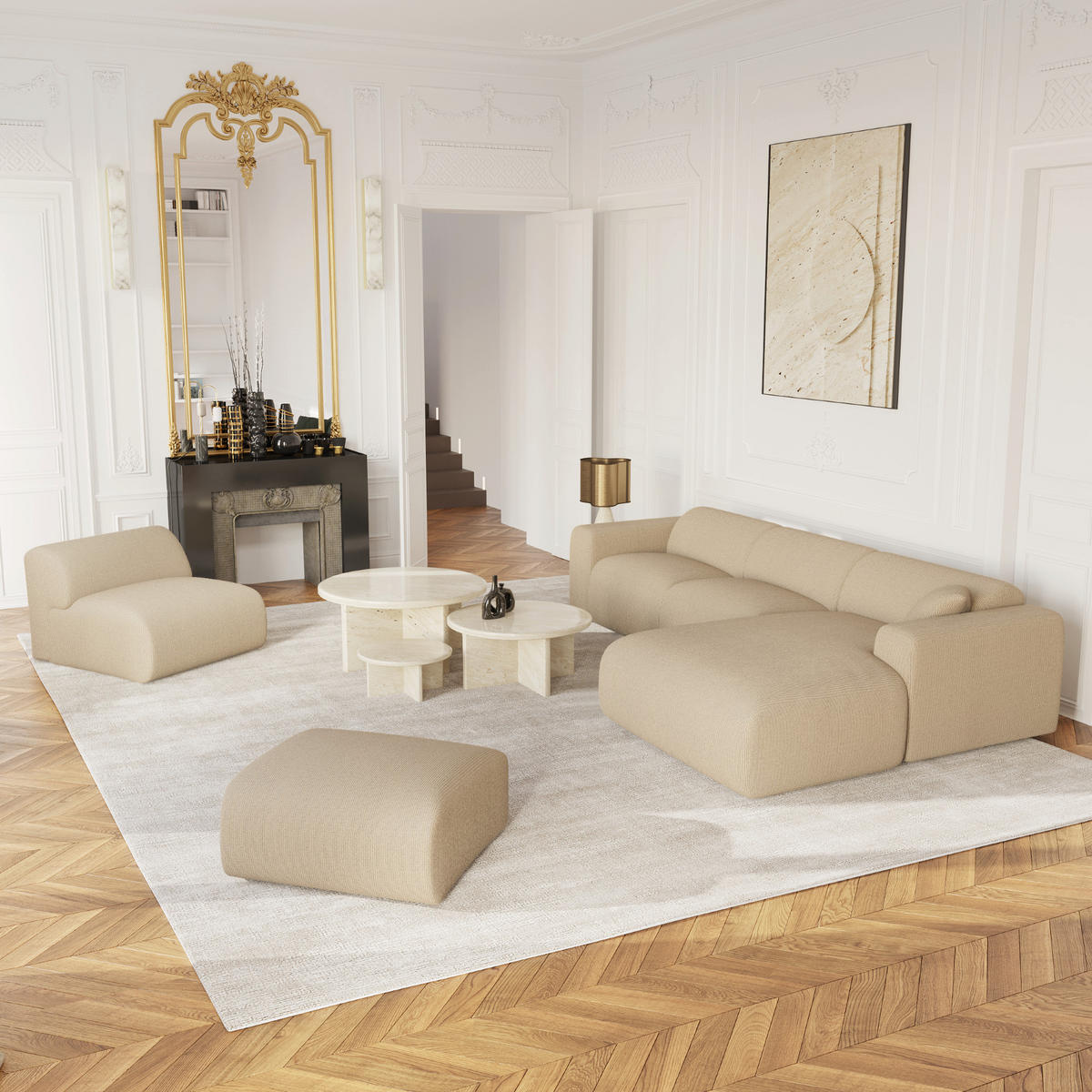 ECKSOFA RECHTS Gerippter Samt Beige 280cm - Beige, Textil (165/280cm) - Sia Home