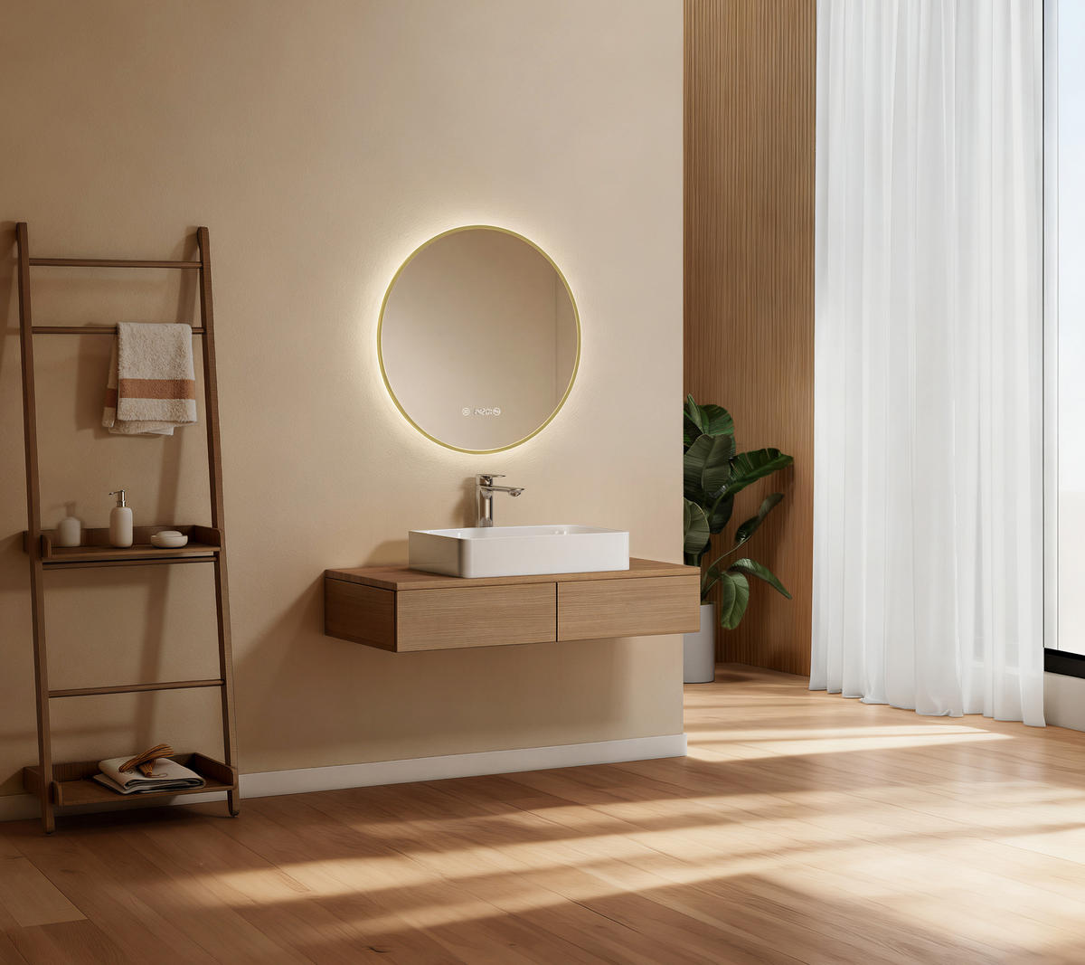 BADSPIEGEL mit LED-Beleuchtung Anti-Beschlag Zeitanzeige Goldfarben Ø 60 cm - Goldfarben, Glas (60/3/3cm) - EMKE