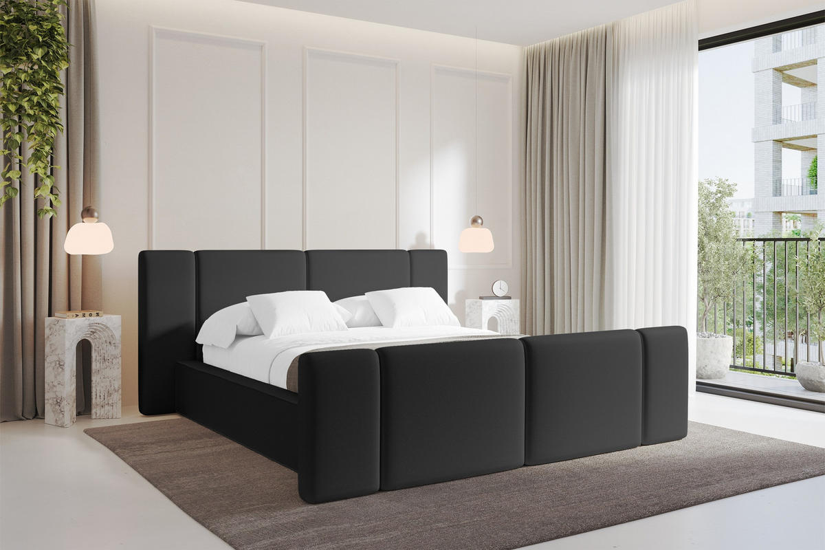 POLSTERBETT mit Bettkasten, Fußteil und Lattenrost, Bett mit Matratze H3/H4 - RIVO-Z 120x200 Schwarz - Schwarz Hochglanz, Holzwerkstoff/Textil (120/200cm) - ALTDECOR
