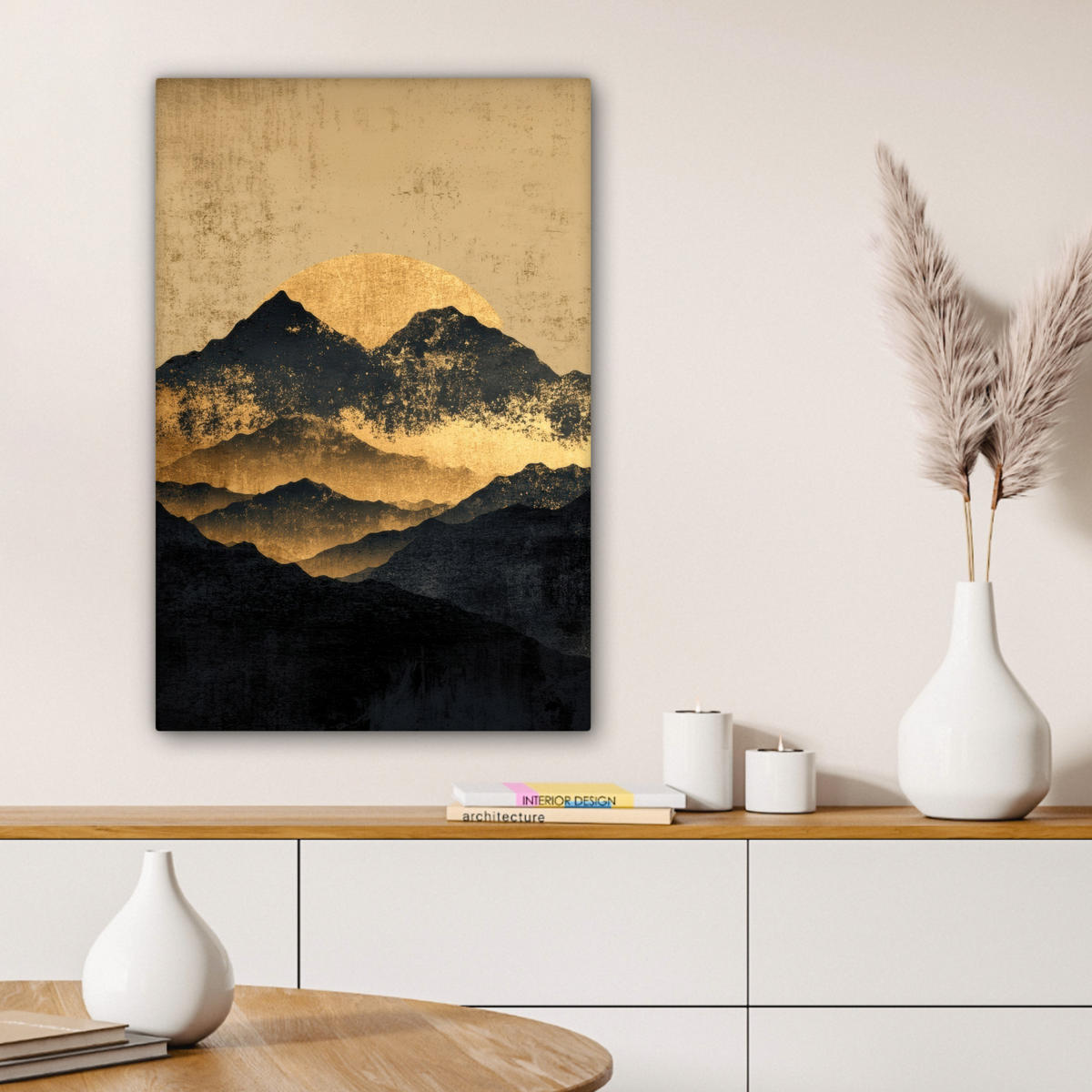 LEINWANDBILD Goldene Berge bei Mondschein Wanddeko Schlafzimmer 60x90 cm - Goldfarben, Textil (60/90cm) - MuchoWow