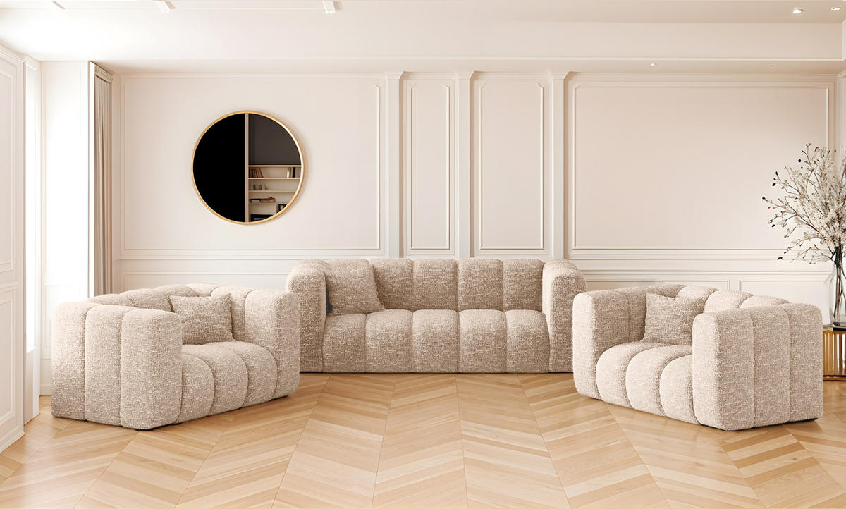 COUCHGARNITUR 2+1+1 Serie Grand Stilvol Stoff Haga Ecru - Ecru, Holz (197/70/91cm) - Kaiser Möbel