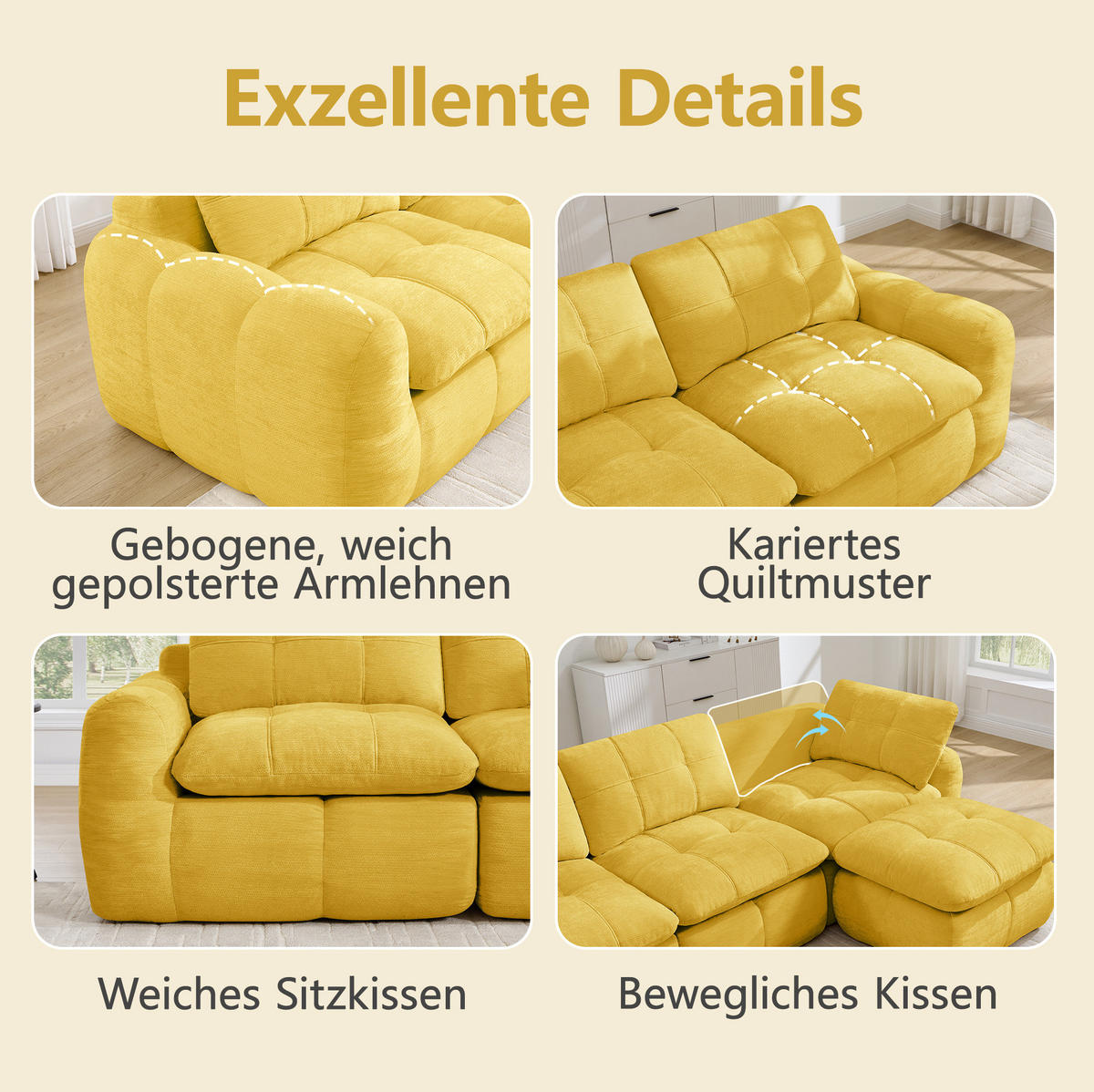 SOFA 334/97/68 cm in Gelb aus Chenille mit hoher Belastbarkeit - Gelb, Textil (97/68/334cm) - Flora Grace