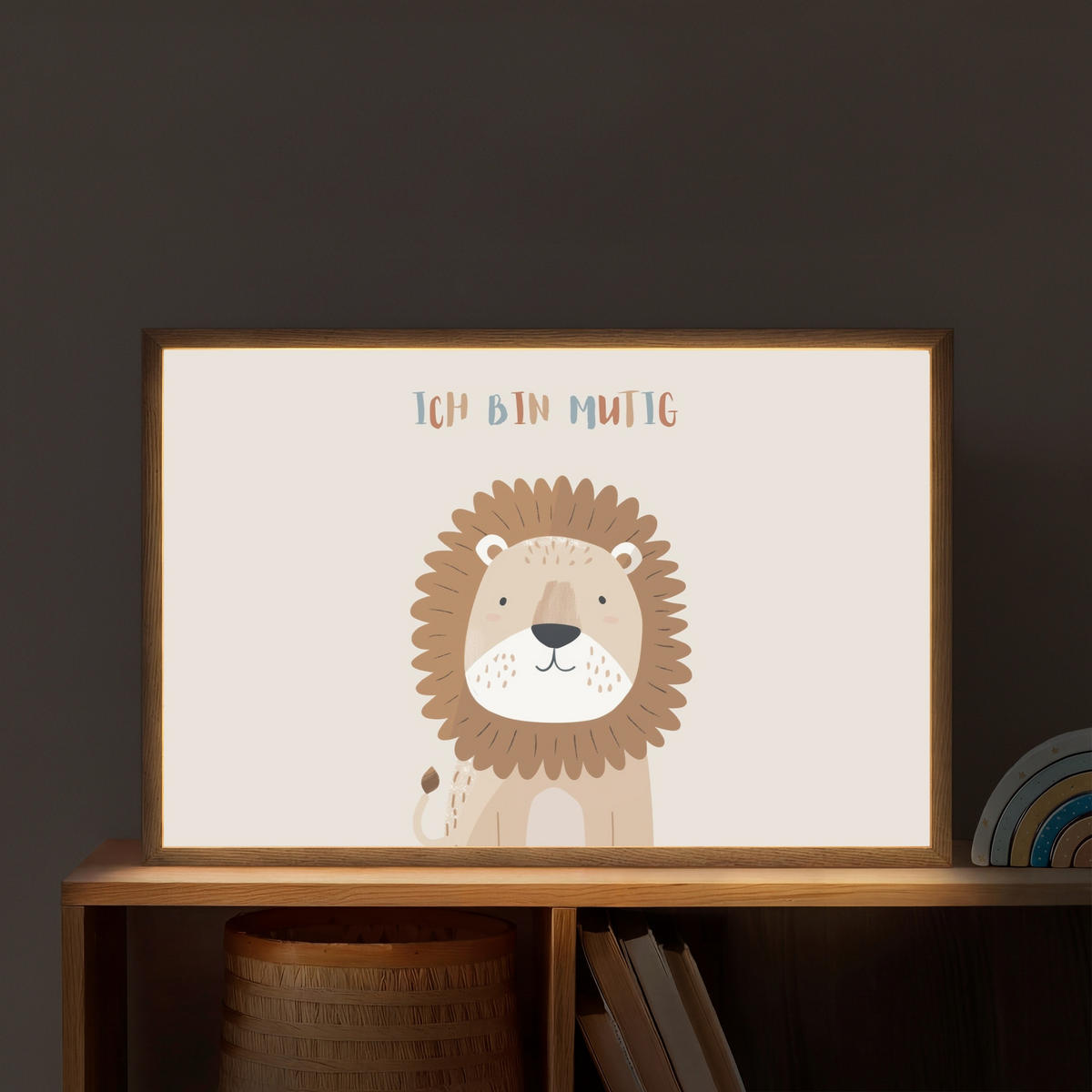 NACHTTISCHLAMPE MIT AKKU Löwe - Beige - Tier - Mutig - Zitat 60x40 cm - Beige, Holzwerkstoff (8/60/40cm) - OnlyWow