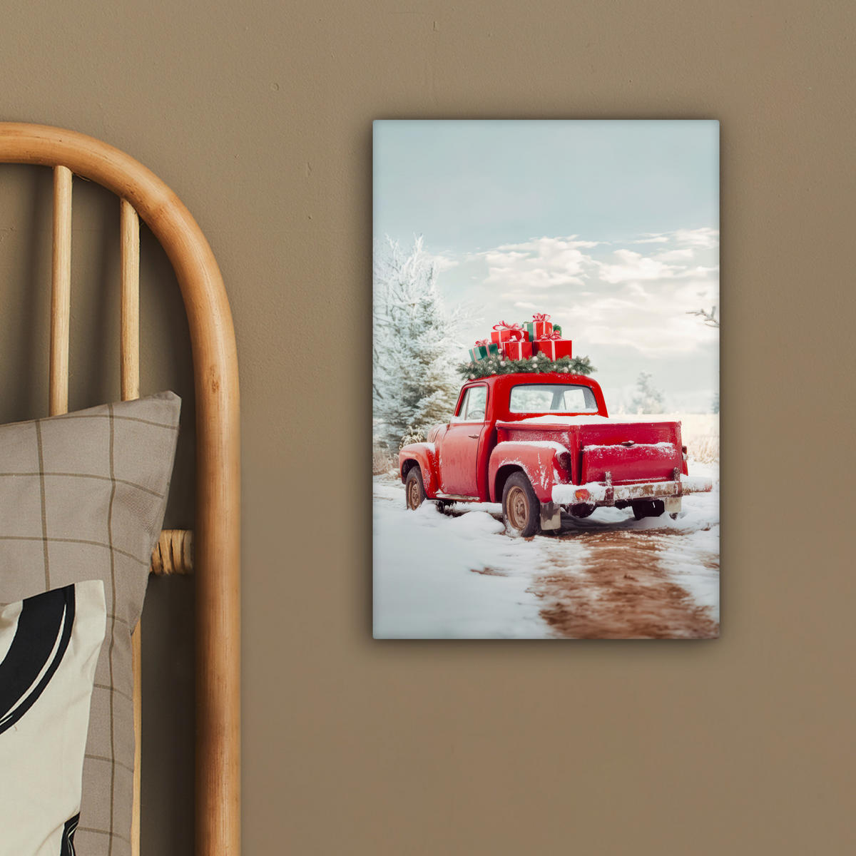 LEINWANDBILD Auto - Rot - Geschenke - Winter - Schnee - Weihnachten 20x30 cm - Rot, Textil (20/30cm) - MuchoWow