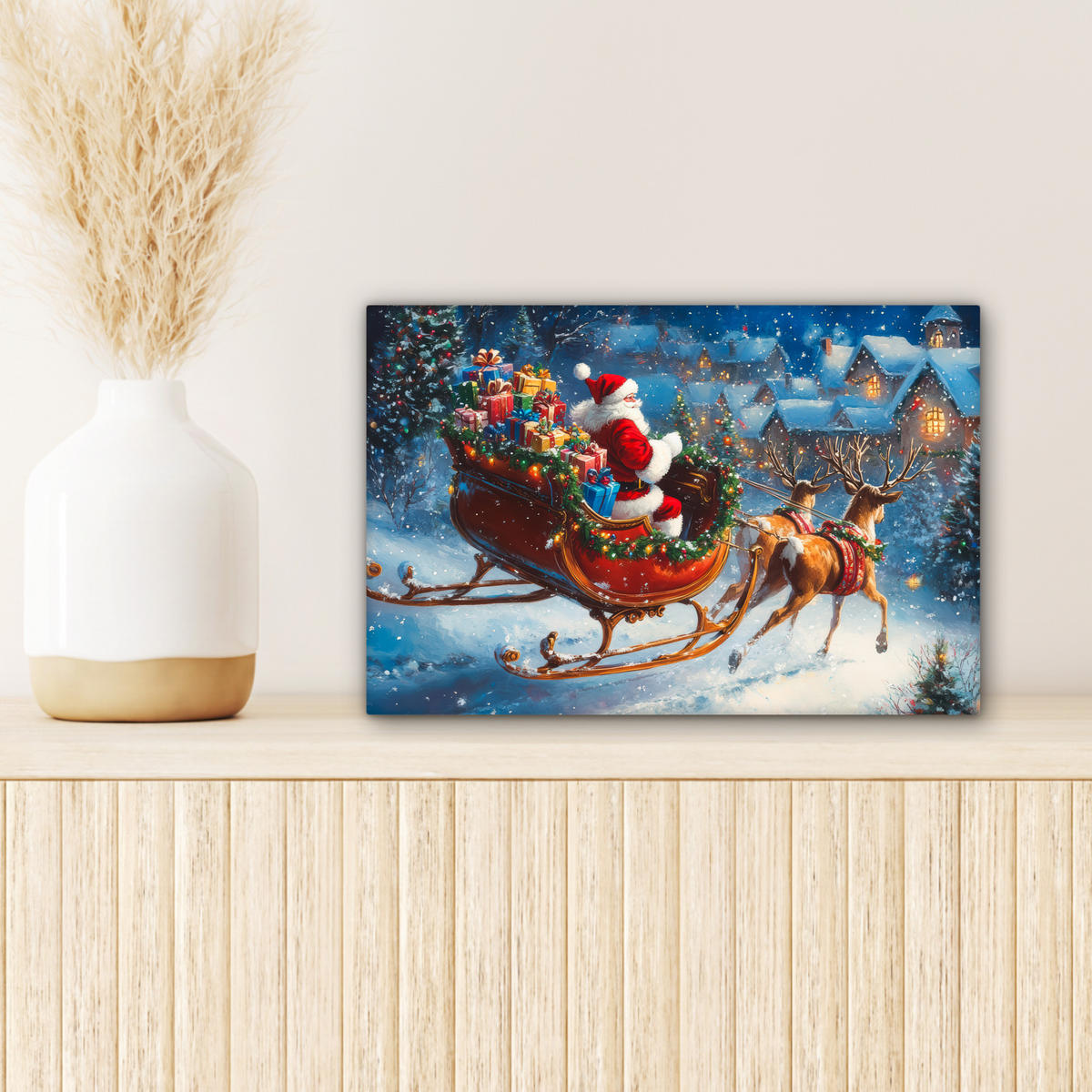 LEINWANDBILD Weihnachtsmann - Rentier - Weihnachten - Schnee Deko Schlafzimmer 30x20 cm - Cognac, Textil (30/20cm) - MuchoWow