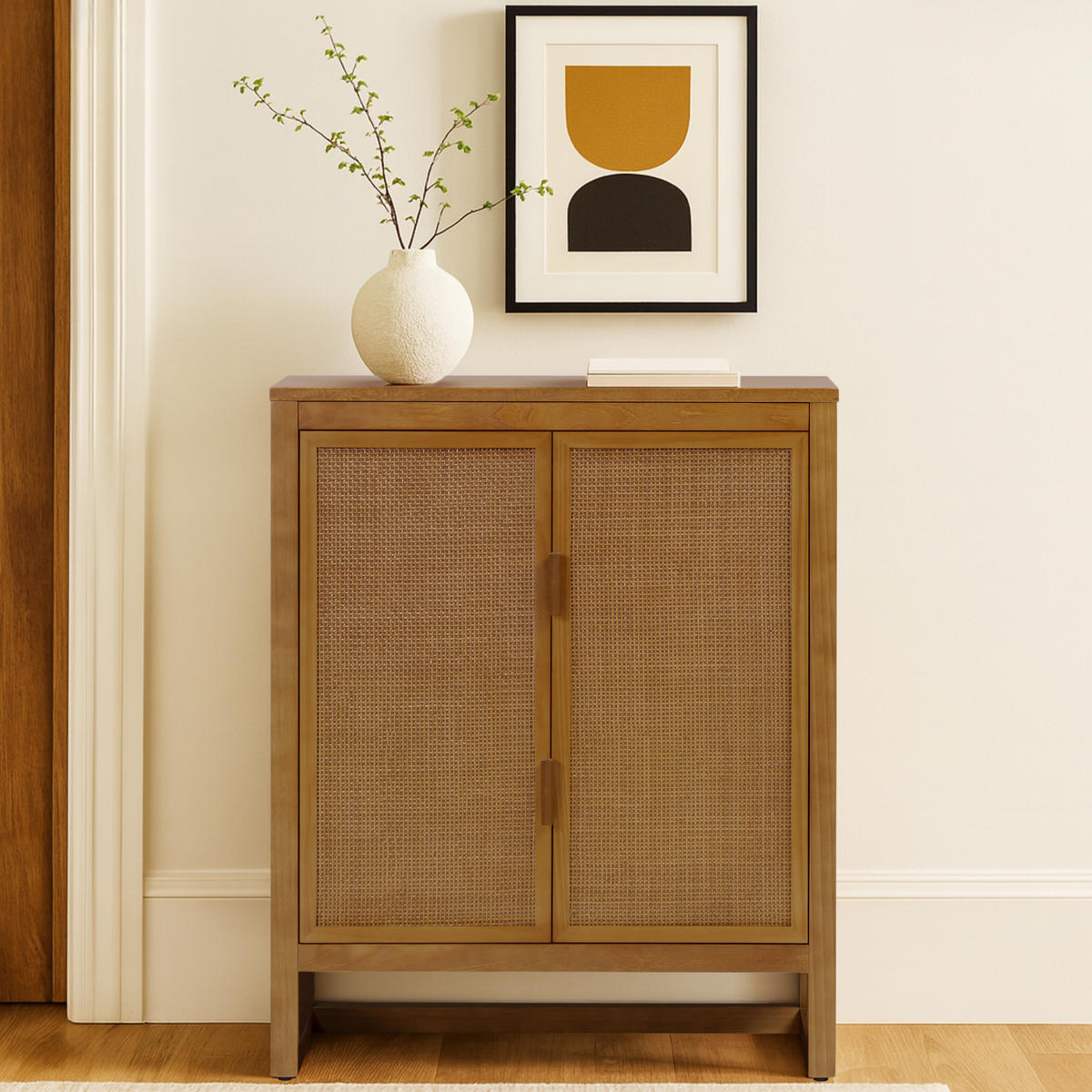 AKZENT-SCHRANK, 2 Rattan Türen, 71cm, Braun - Braun, Holz (71/86/30cm) - Teamson Home