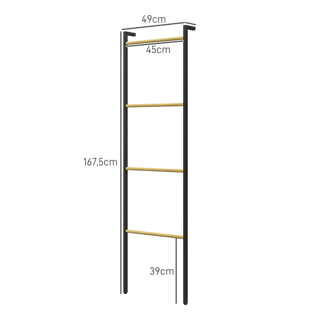 HANDTUCHSTÄNDER 49x5.5x167.5 cm Schwarz aus Stahl & Bambus mit 4 Stangen - Schwarz, Naturmaterialien (5.5/167.5/49cm) - Modfu