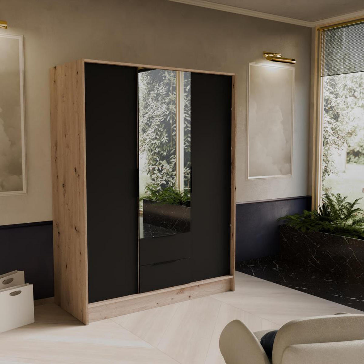 DREHTÜRENSCHRANK Niko 150/51/200 cm eiche artisan+schwarz - Schwarz/Eiche Artisan, Holzwerkstoff (150/200/51cm) - Beautysofa