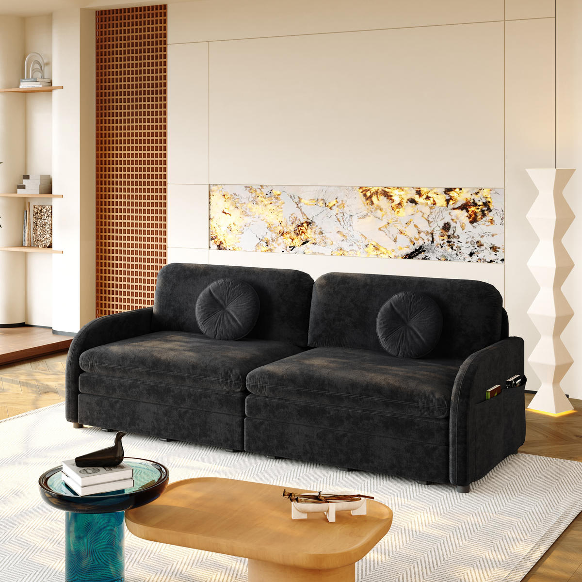 SCHLAFSOFA 3-in-1 ausziehbar 206 cm mit Stautaschen, DE-42862, Schwarz - Schwarz, Metall (206/90/84cm) - ComfortXL