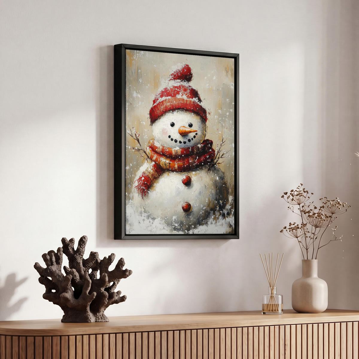 LEINWAND Bilder mit Rahmen - Schneemann - Winter - Schnee - Beige - 20x30 - Weiß, Textil (20/30cm) - MuchoWow