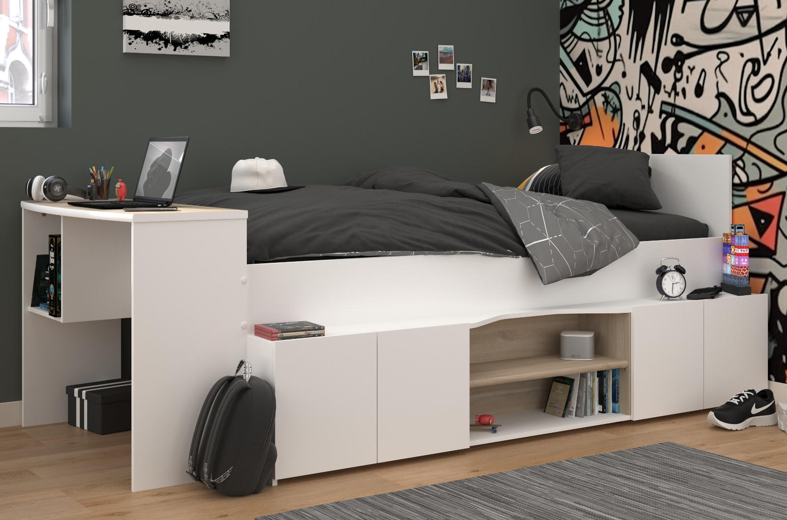 HOCHBETT Jugendzimmer Bett 90x200 mit Schreibtisch und Stauraum - Multicolor/Weiß, Holz/Holzwerkstoff (90/200cm) - Parisot Meuble