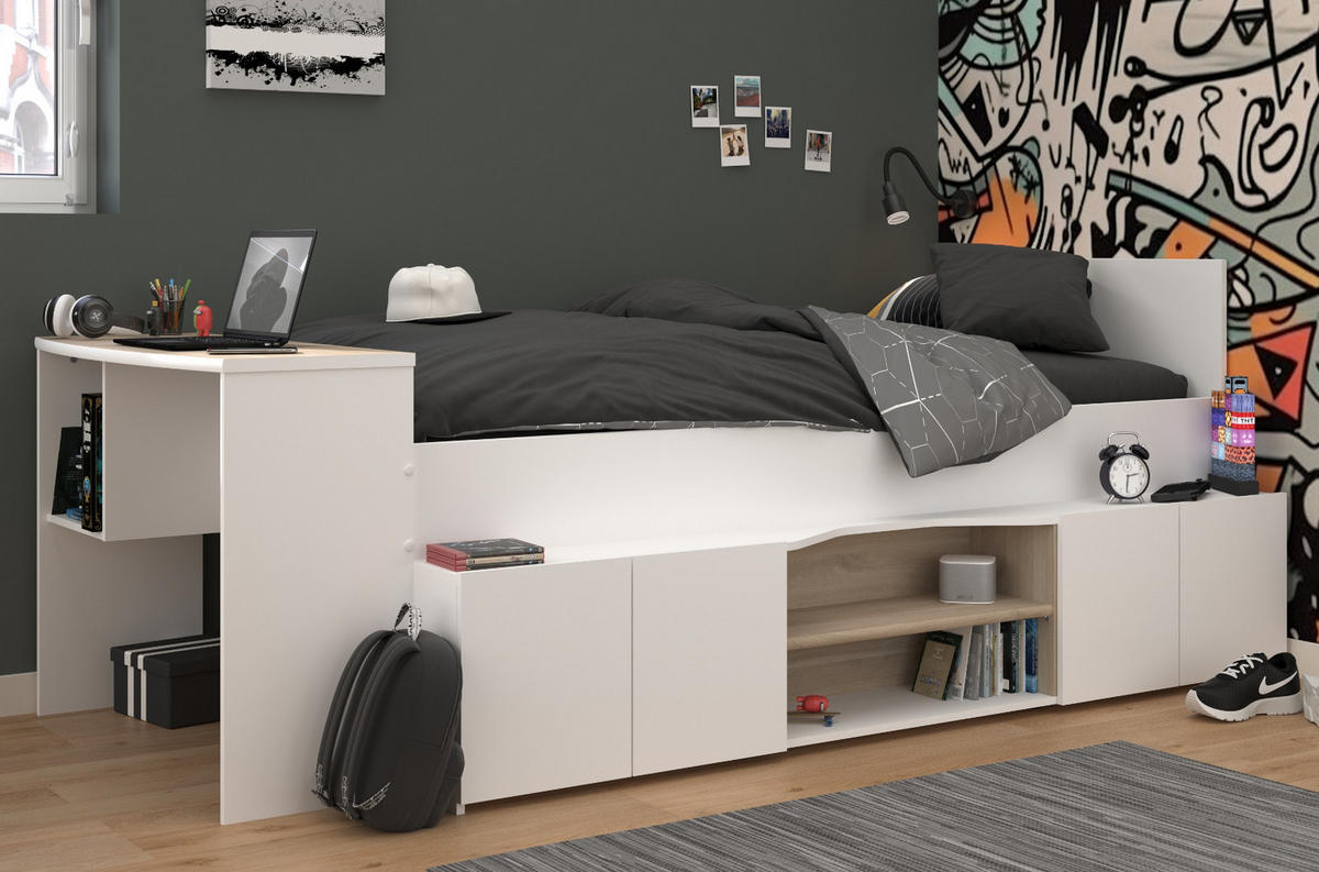 HOCHBETT Jugendzimmer Bett 90x200 mit Schreibtisch und Stauraum - Multicolor/Weiß, Holz/Holzwerkstoff (90/200cm) - Parisot Meuble
