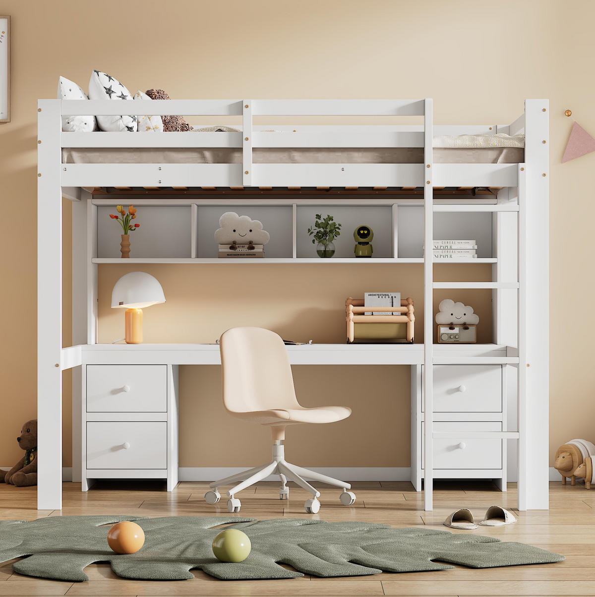HOCHBETT 90/200 cm Weiß aus Kiefer massivholz und MDF mit Schreibtisch und Stauraum - Weiß, Holz (90/200cm) - OKMYHOME