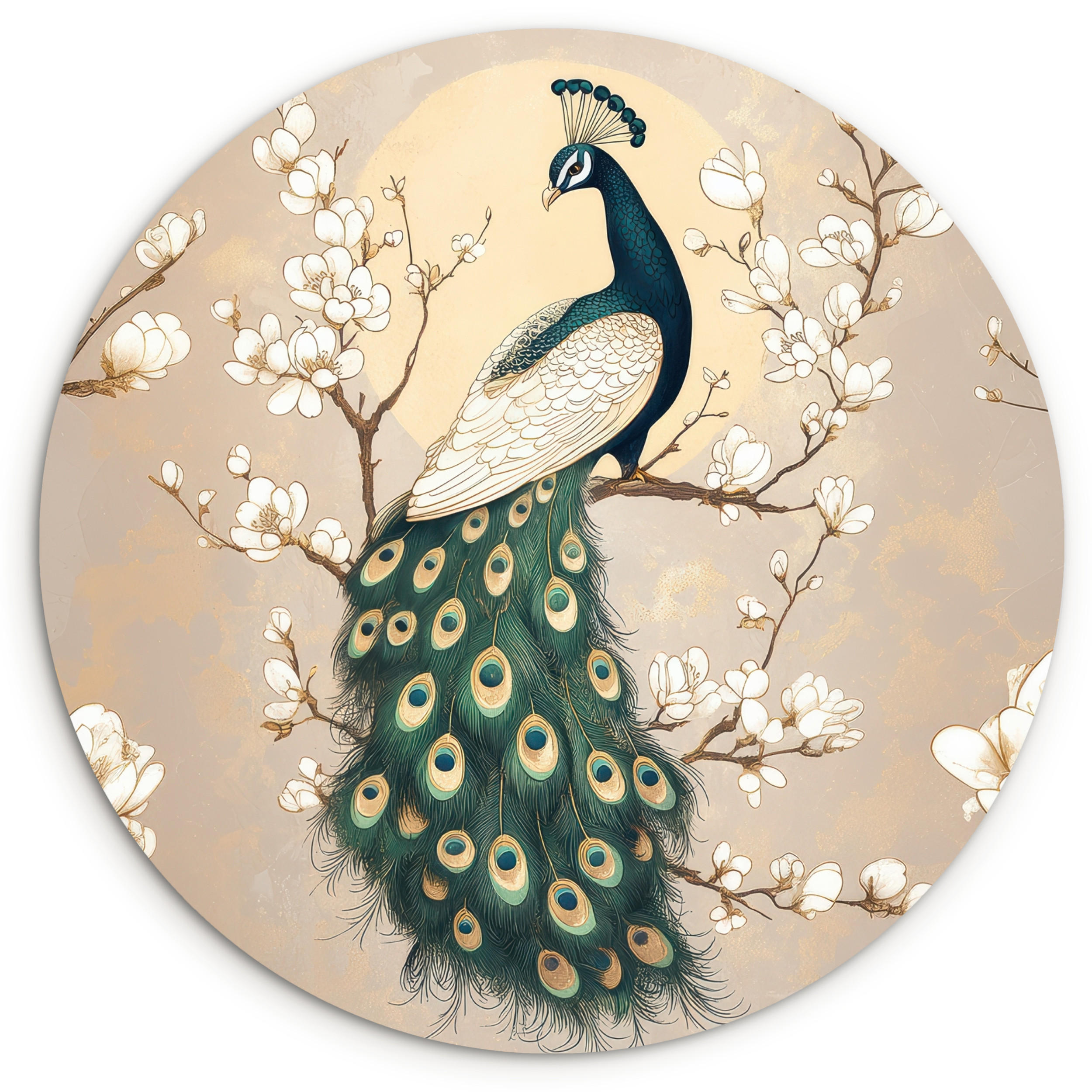 WANDBILD Pfau - Zweig - Blumen 140x140 cm - Champagner, Kunststoff (140/140cm) - MuchoWow