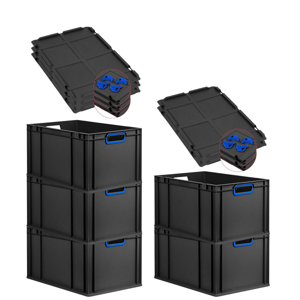 EUROBOX 5x NextGen Color mit Auflagedeckel 32x40x60 cm 65 Liter Schwarz Griffe blau offen - Blau/Schwarz, Kunststoff (40/32/60cm) - PROREGAL