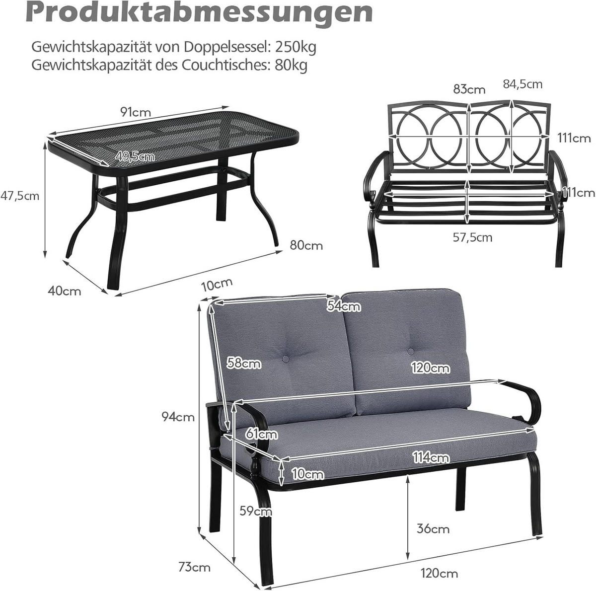GARTENBANK 2-Sitzer mit Couchtisch Grau - Grau, Metall - COSTWAY