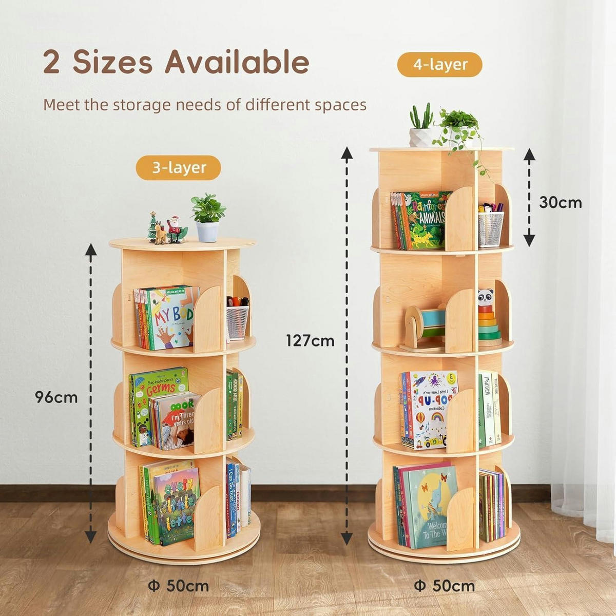 DREHBARES Bücherregal 360° mit 4 Etagen Holz 129 cm - Braun, Holzwerkstoff (50/129/50cm)