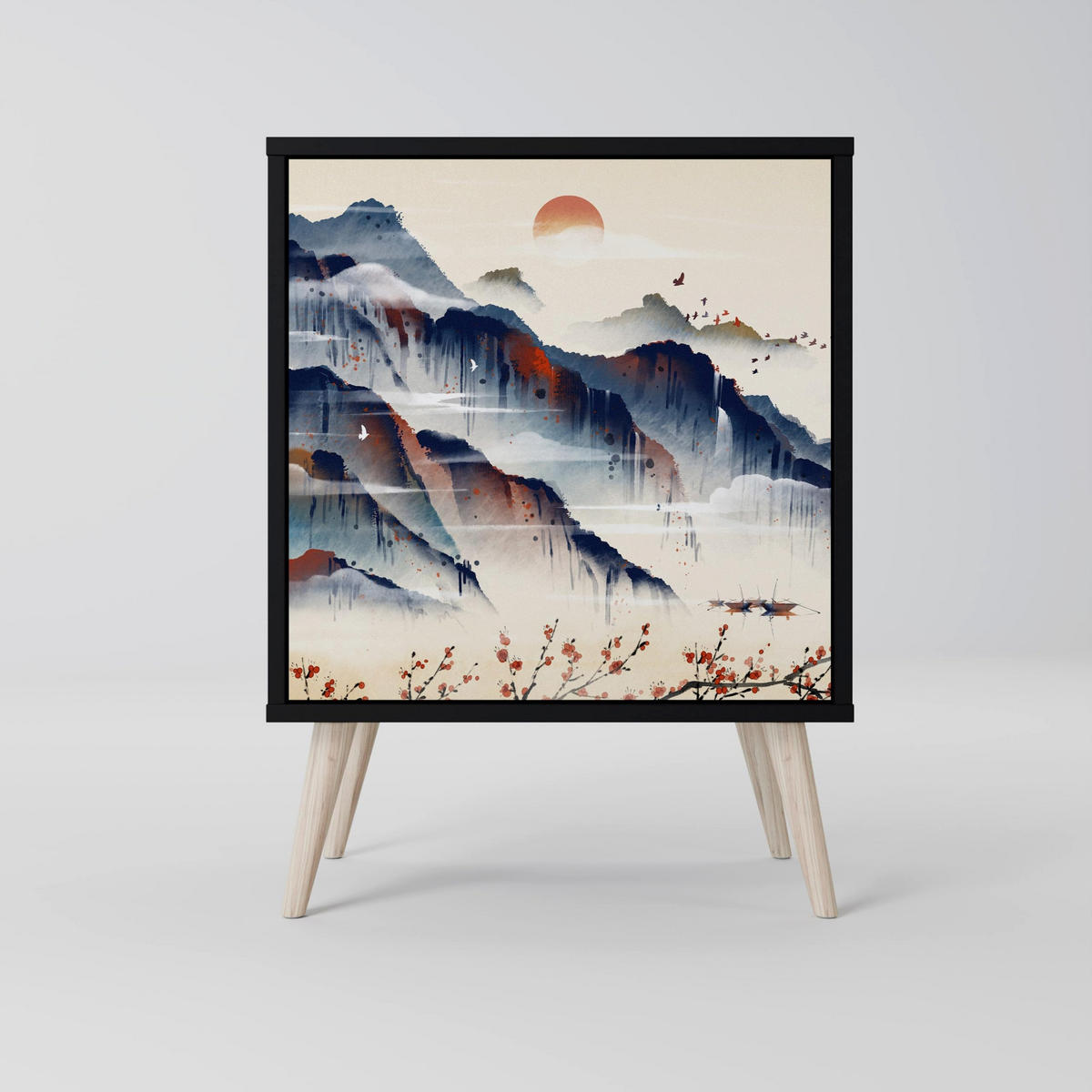 SIDEBOARD JAPANESE LANDSCAPE, Schwarz, 57,5x42x75,5 cm, Goldfarbene Metallfüße - Goldfarben/Multicolor, Holzwerkstoff/Metall (57.5/75.5/42cm) - SpaceRebels