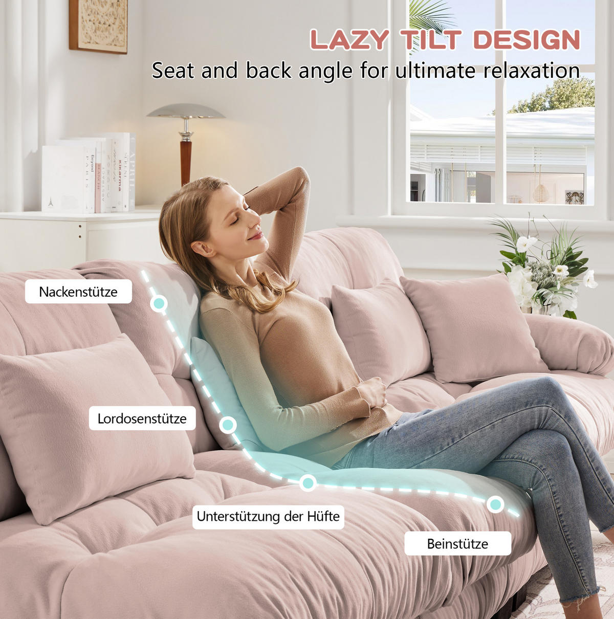 ECKSOFA mit modularem Design, beweglichen Ottomane, Deko- und Lendenkissen aus Chenille, Pink - Pink, Textil (220/145cm) - Redom