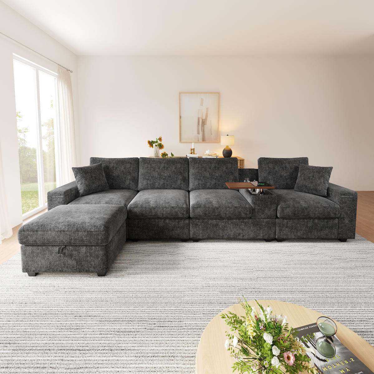 ECKSOFA mit USB/Type-C, Stauraum und drehbarem Couchtisch - Grau, Textil (313/147cm) - EVRYAE