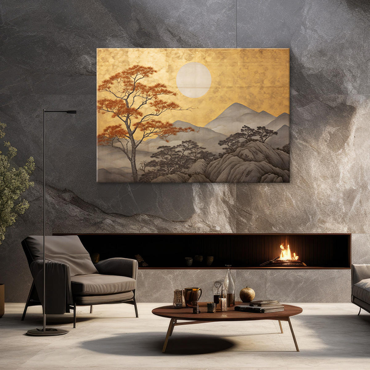 LEINWANDBILD Wohnzimmerdruck - Goldene Berglandschaft 90x60cm - Gelb, Textil (90/60cm) - Feeby