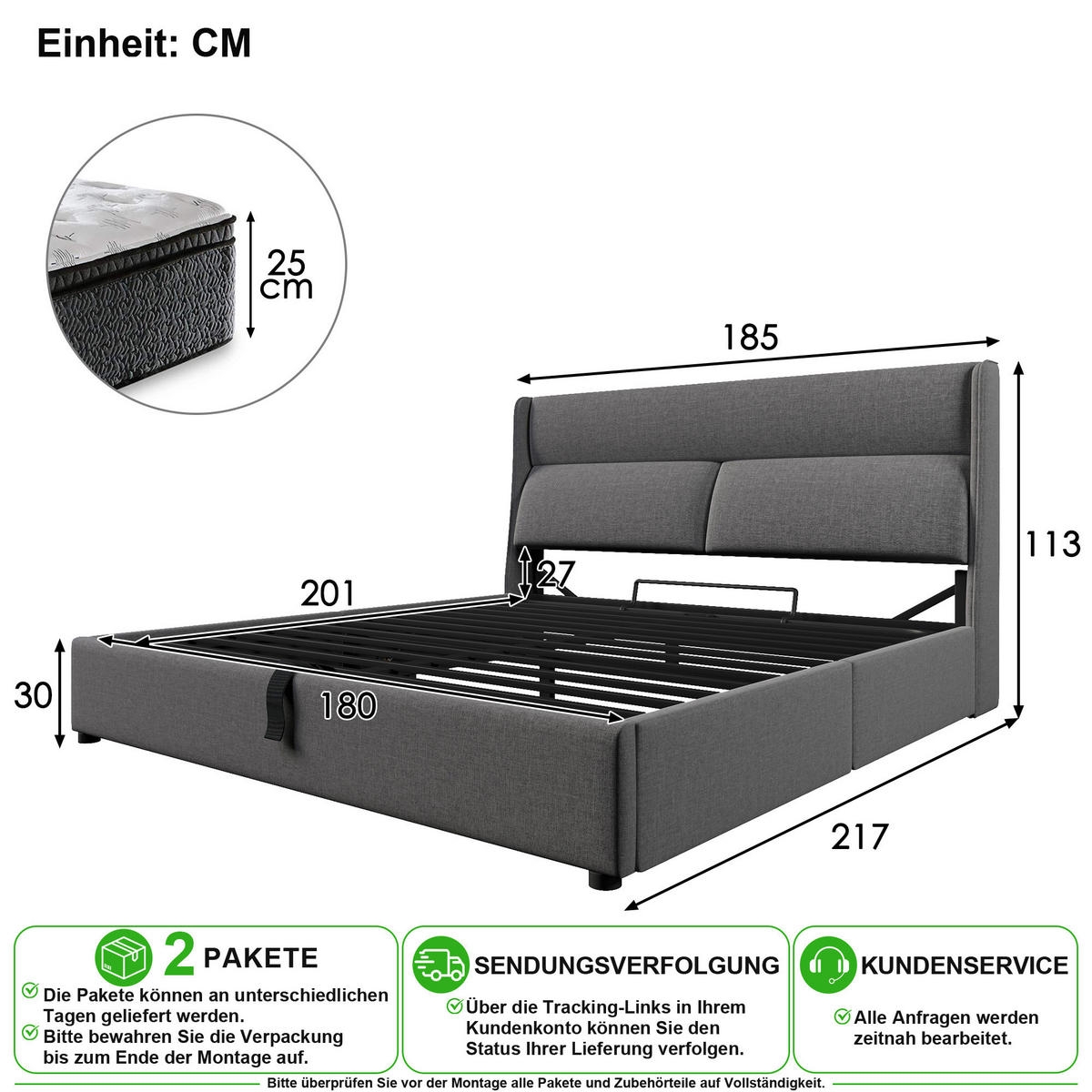 POLSTERBETT 180/200 cm in Grau mit Bettkasten und Verstellbarem Kopfteil Leinen - Grau, Holzwerkstoff/Textil (180/200cm) - CHICFURN