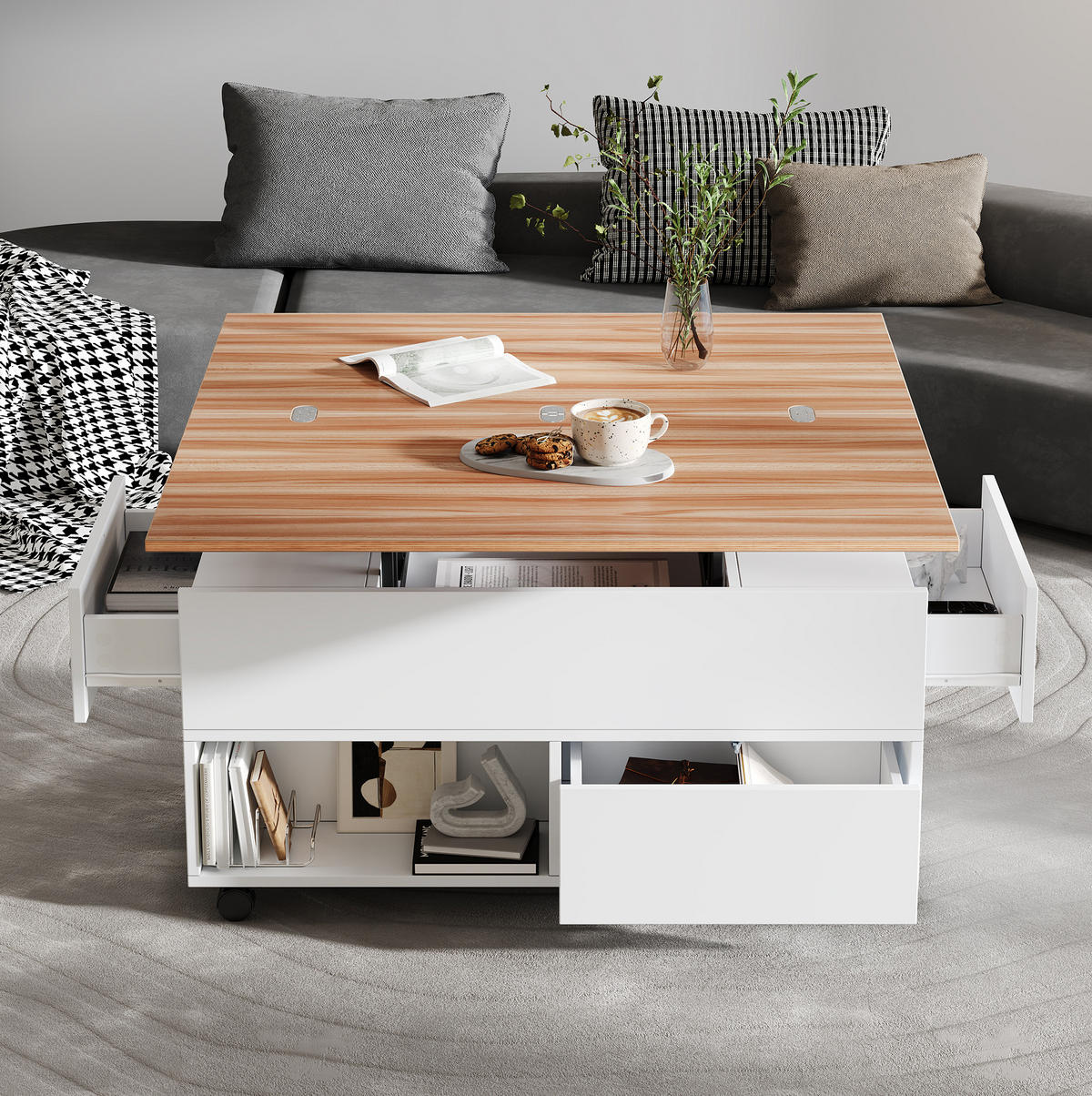 COUCHTISCH 100/50/52 cm weiß mit 4 Rollen und 4 Schubladen höhenverstellbar - Weiß, Holzwerkstoff (100/50/52cm) - OKWISH
