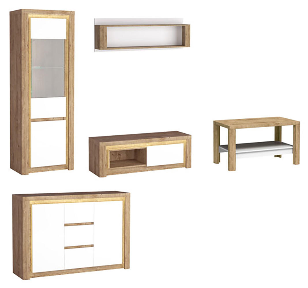 WOHNZIMMER-SET Livinio Ribbeck Eiche weiß Hochglanz 5-teilig - Weiß Hochglanz/Braun, Holz/Holzwerkstoff (377/197/41cm) - Feldmann-Wohnen